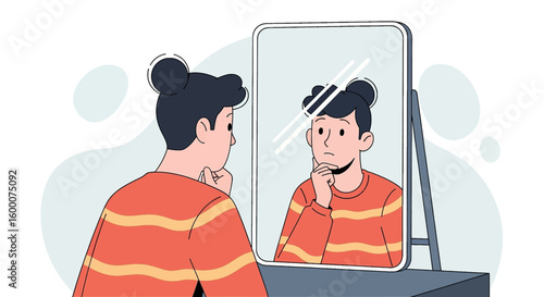Person contemplates their reflection in a mirror, thinking deeply about self-image and identity.