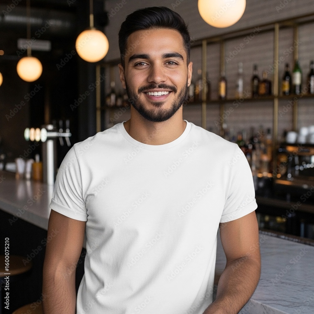 Fototapeta premium a 20 year old handsome smiling young man wearing a blank white t-shirt and jeans at a bar. standing, fashion, modern, lifestyle, urban, millennial, person, human, trendy, portrait, relaxed, cool