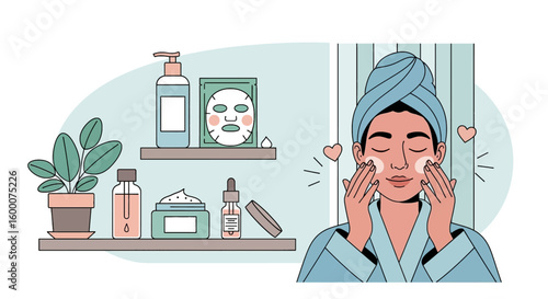 Woman applies facial cream for skincare routine with beauty products on shelf