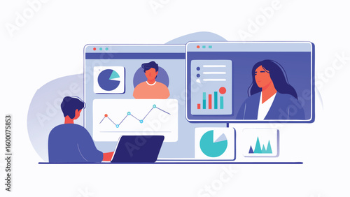 Person working on laptop with data dashboards and video call on screens displayed around him