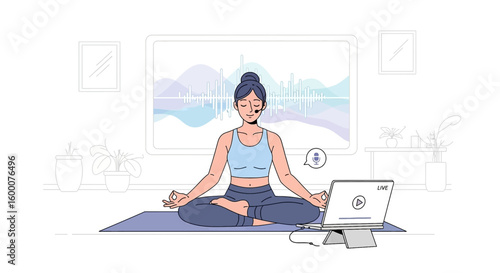 Woman meditating and attending online yoga class via laptop live stream with sound waves