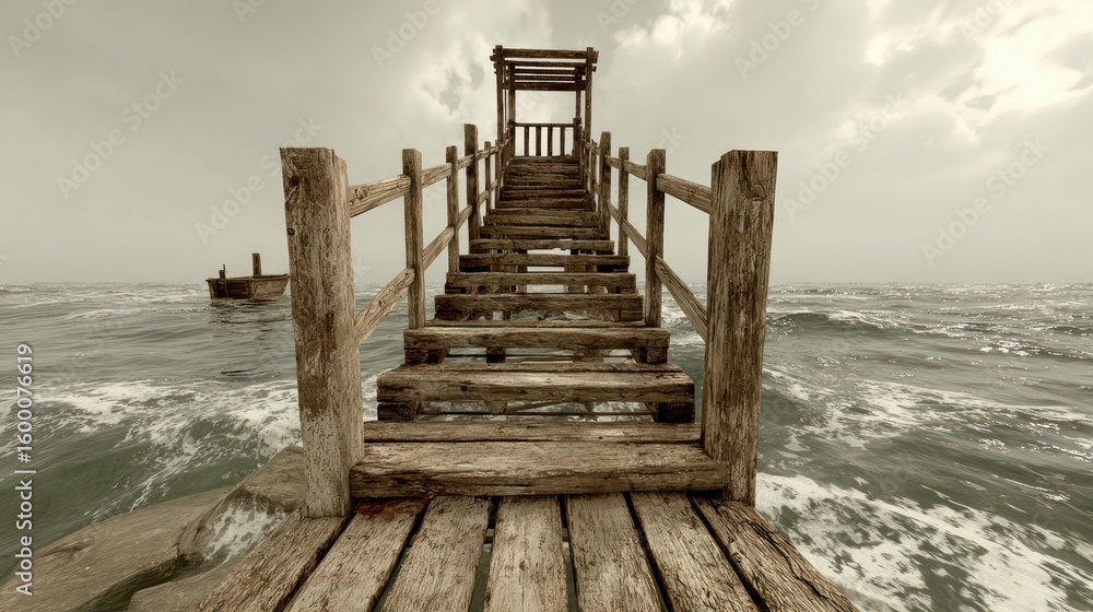 Fototapeta premium Weathered wooden pier with steep stairs ascends into a cloudy sky above choppy ocean waves