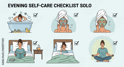Woman's evening self-care routine illustrated with activities like bathing, skincare, reading, sleeping, and meditation.