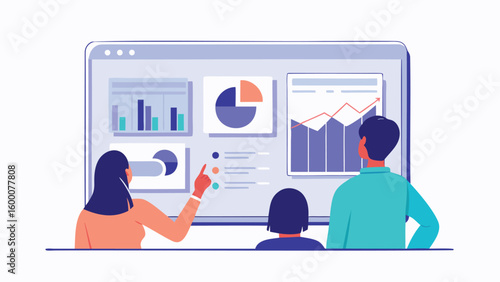 Team looking at data analytics dashboard with charts and graphs on a large screen display panel
