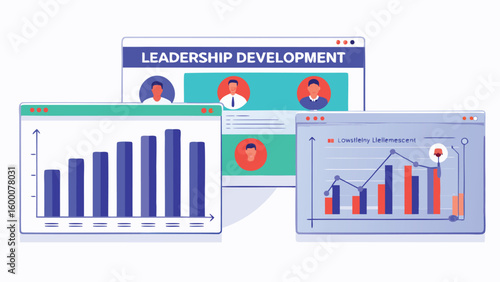Illustration of three windows displaying leadership development, bar graphs, and a line graph analysis