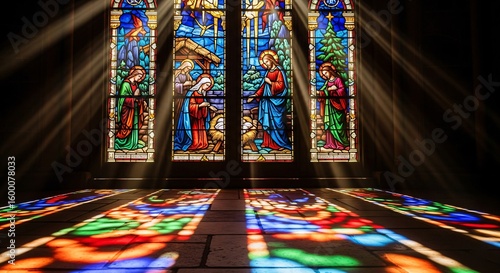 Sunlight streams through stained glass nativity scene illuminating church floor