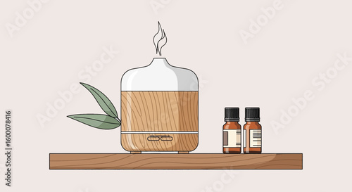 Aromatherapy diffuser with essential oil bottles and leaves on a wooden shelf