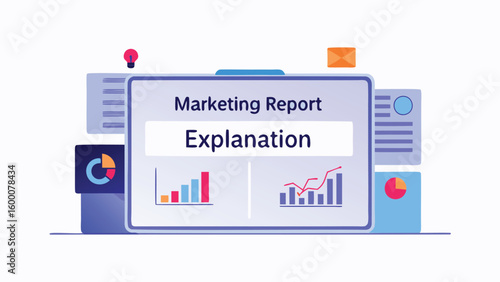 Marketing report explanation with charts and graphs on a whiteboard presentation screen view layout