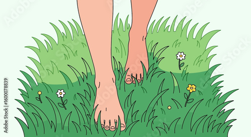 Bare feet walking through lush green grass with small flowers, symbolizing nature connection