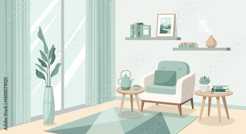 Cozy living room with armchair, plants, books and a diffuser.