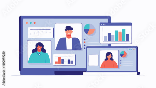 Illustration of online meeting with participants graphs and charts on computer screens view