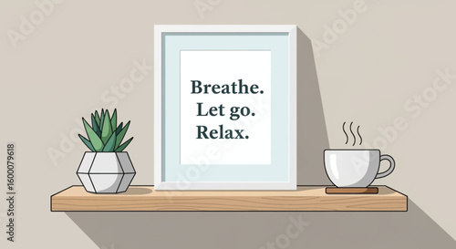 Framed motivational quote Breathe Let go Relax with plant and steaming cup of coffee on shelf