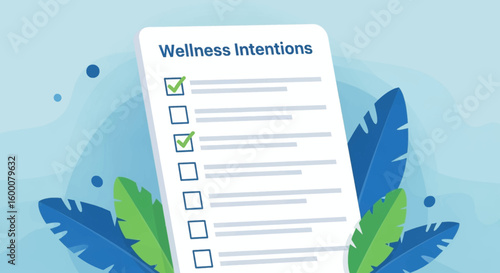 Checklist for Wellness Intentions with Green Checkmarks and Tropical Leaves