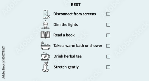 Checklist for relaxation and self-care activities promoting well-being and stress relief