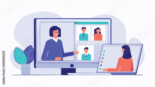 Illustration of a video conference with people on a computer and a laptop screen view, plant aside