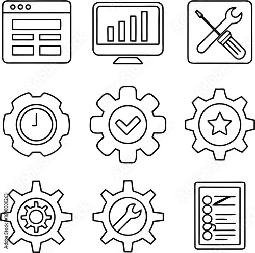 Clean outline saas icon set isolated on transparent background