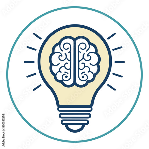 Blue and beige stylized brain inside a lightbulb with radiating lines within a teal circle idea
