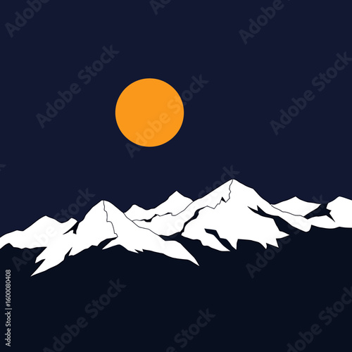 Minimalist Illustration of Snowy Mountain Peaks Under a Bright Moon in the Dark Night Sky Nature Landscape