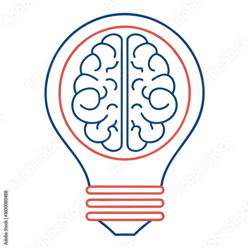 Blue and red outline of a lightbulb containing a stylized brain on white background idea thinking