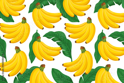 Vibrant Banana Bunch Pattern Seamless Tropical Fruit Design with Green Banana Leaves on White Background