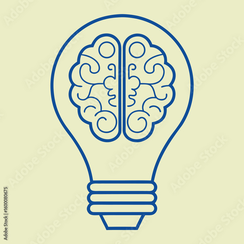 Blue outline of a brain inside a lightbulb on a pale yellow background idea concept