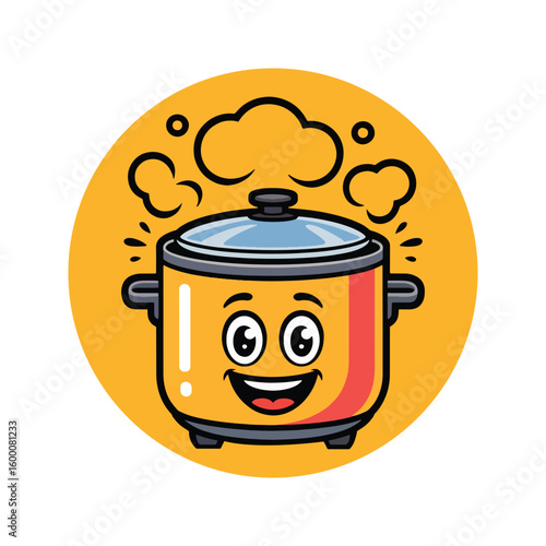 Happy cartoon cooking pot with steam coming out of the lid in a circle
