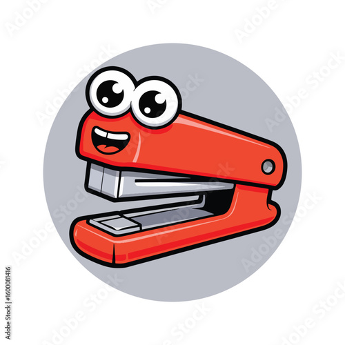 Funny cartoon red stapler with big googly eyes and a happy smile