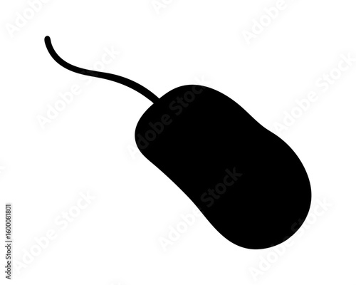 A simplistic black silhouette of a wired computer mouse on white background