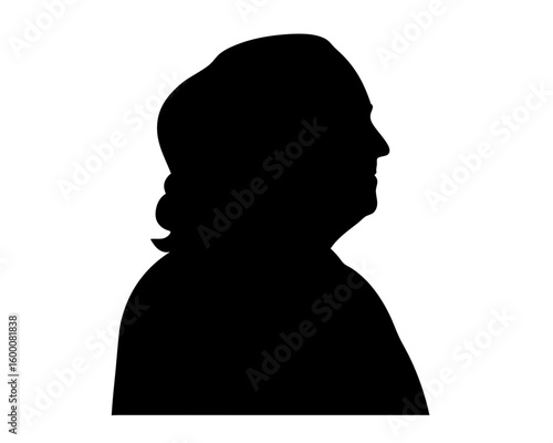 Benjamin Franklin silhouette profile in black on white background, side view