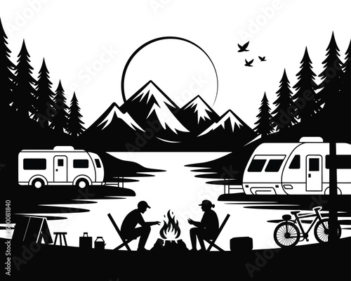 Lakeside camping scene with full moon, RVs, fire pit, and mountains in black and white