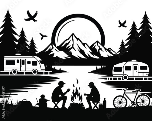 Camping silhouette illustration, black and white scene of campers RVs and moonlit lake with pine forest, serene outdoor wilderness travel artwork.