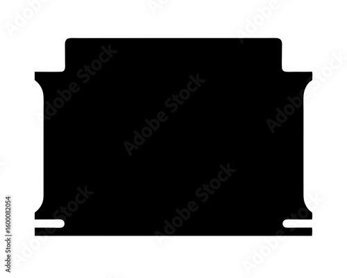 Black rectangular abstract shape with geometric extensions against a white background