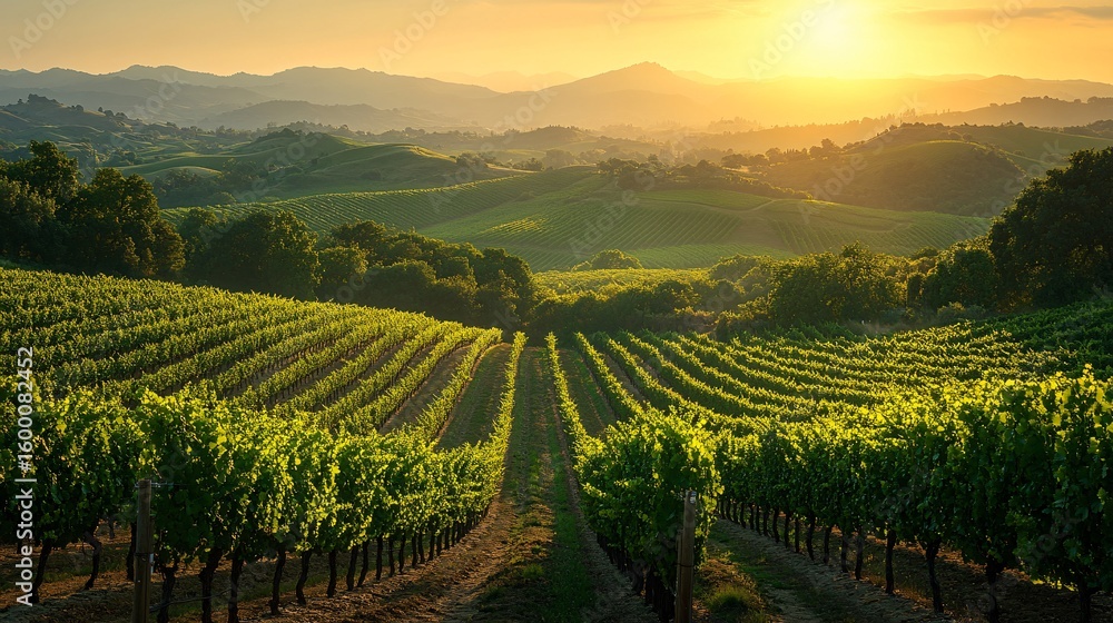 Fototapeta premium Golden Hour Sunset Over Lush Green Agricultural Fields