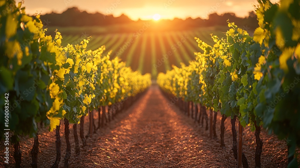 Naklejka premium Golden Hour Vineyard Scene Sunlit Grape Vines at Sunset