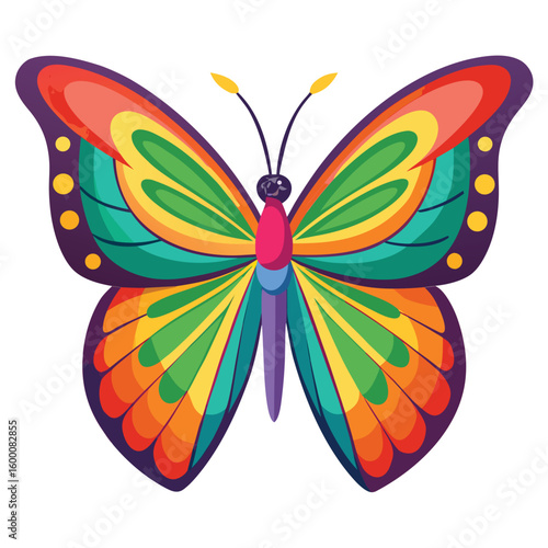 A stunning vibrant butterfly with perfectly symmetrical wings, on a clean white background, symbolizing transformation and natural beauty.