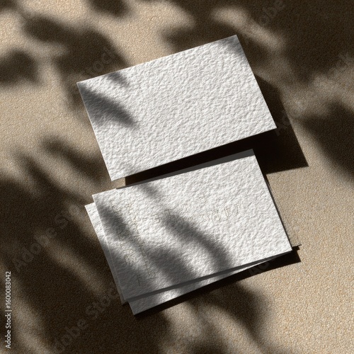 Two textured, off-white business cards rest on a beige surface, partially shadowed by dappled leaf patterns