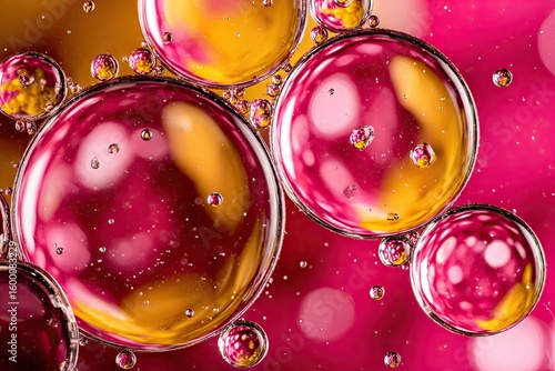 Abstract macro of vibrant oil and water bubbles, showcasing a mix of fuchsia and gold hues
