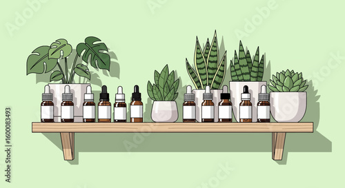 Various amber glass dropper bottles and potted plants displayed on a wooden shelf against a light green background.