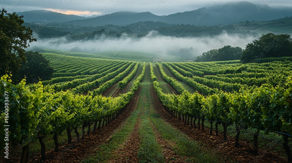 Fototapeta premium Misty Morning Vineyard Landscape With Rows Of Lush Green Vines And Rolling Hills
