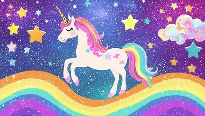 Wandcirkels Eenhoorn An enchanting scene showcasing a unicorn surrounded by a dazzling rainbow glitter background.  © Gophotograph