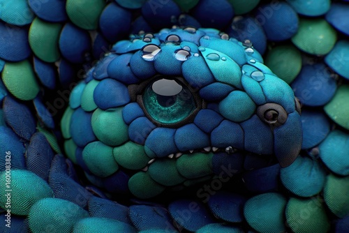 Close-up of a vibrant blue and green snake head.  Water droplets on scales