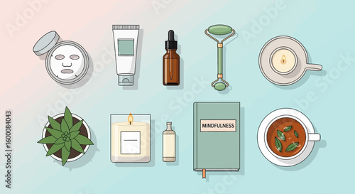 Self-care and wellness routine items including sheet mask, serum, jade roller, candles, and tea.