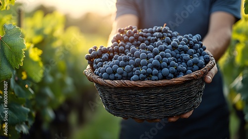 Person Holding Basket Of Ripe Dark Purple Grapes In A Vineyard At Sunset