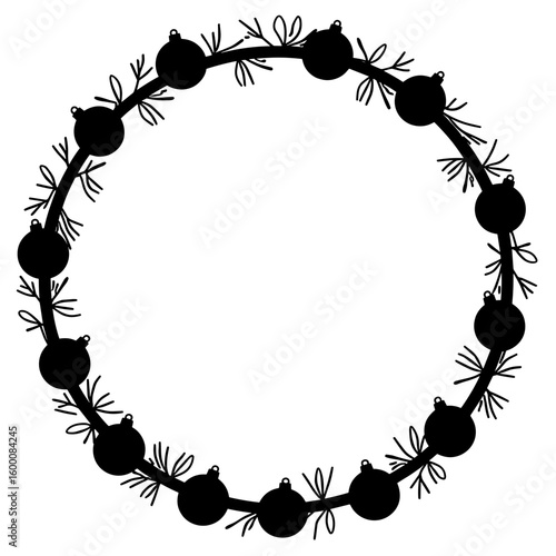 Silhouette of decorative Christmas baubles in a circular frame, holiday cheer
