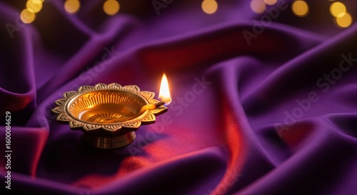 A lit diya sits on luxurious purple fabric with soft bokeh lights in the background