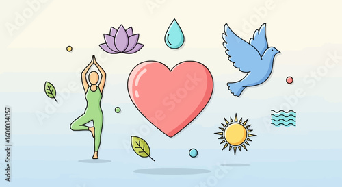 Yoga, Heart, Dove, Lotus, Sun symbols represent holistic wellness and healthy lifestyle