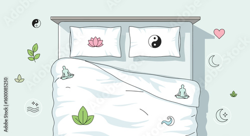 Serene Bedroom with Zen Symbols and Meditation Figures for Peaceful Sleep
