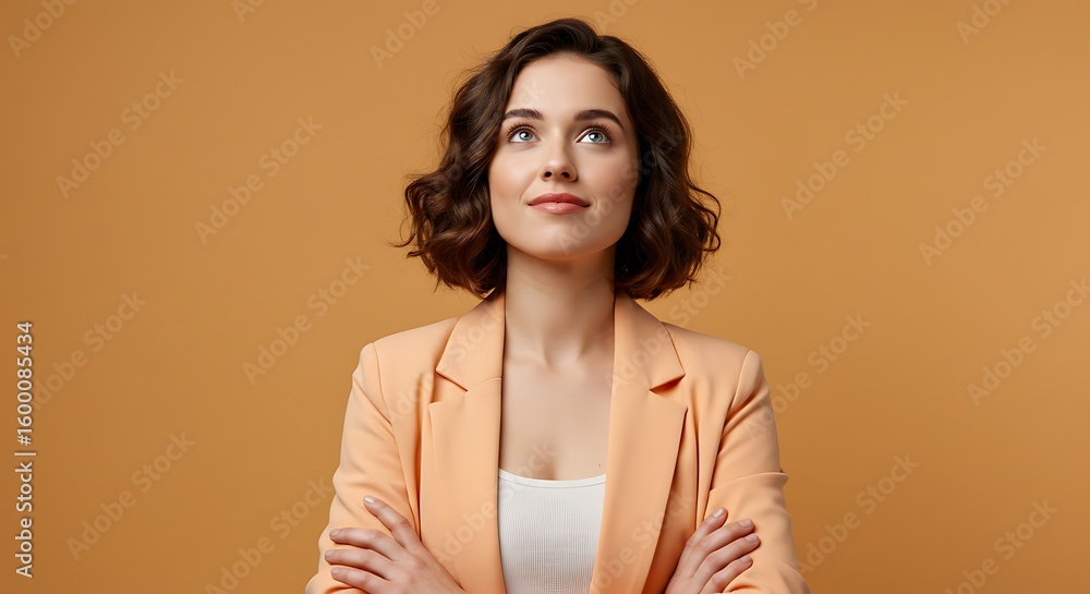 Obraz premium Portrait of Confident Young Woman in Peach Blazer Looking Upward