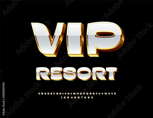 Vector Luxury board VIP Resort. Elite White and Golden 3D  Font. Chic set of Classy Alphabet Letters and Numbers