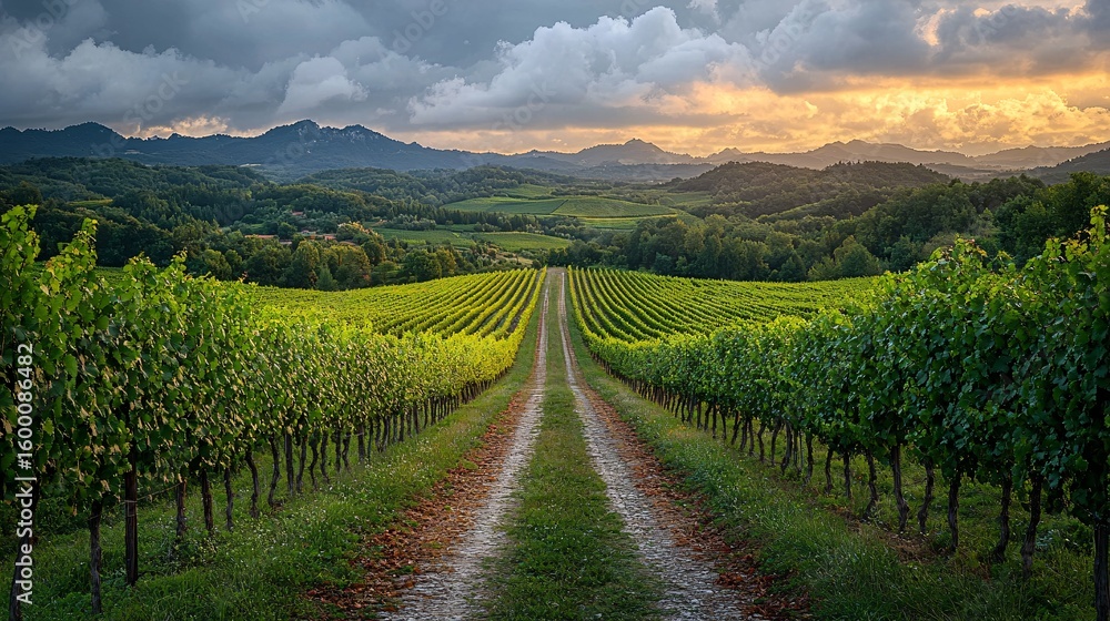 Naklejka premium Rolling Hills Vineyard Landscape at Sunset, Dirt Path Through Rows of Vines Under Dramatic Sky